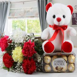 Birthday Gifts for Girl - Colorful Carnations with Ferrero Rocher Chocolates and Teddy Bear