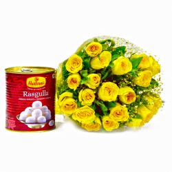 Send Bouquet of 20 Yellow Roses with Bengali Sweet Rasgullas To Ujjain