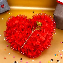 Heart Shaped Soft Toys - Red Heart with Gold Plated Golden Rose for Valentine Gift