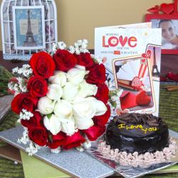 Valentine Greeting Cards - Chocolate Cake with Attractive Roses Bouquet and Love Card