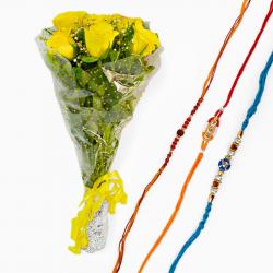 Send Rakhi Gift Bouquet of Yellow Roses With Set of Three Rakhi To Delhi