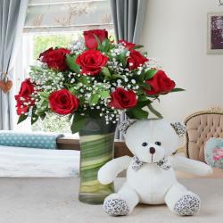 Flowers with Soft Toy - Glass Vase Arrangement with Teddy Bear Soft Toy