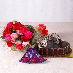 Flowers and Cake for Him - Bouquet of Roses and Carnations with Heartshape Cake and Cadbury Chocolates