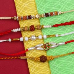 Set Of 5 Rakhis - Five Rakhis of Rudraksha with Pearls