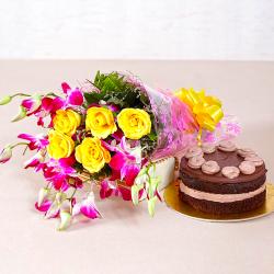 Flowers and Cake for Her - Yellow Roses and Orchids with One Kg Chocolate Cake