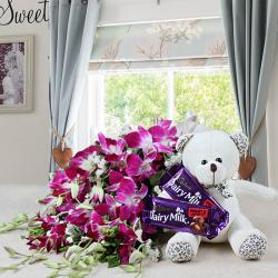 Birthday Soft Toys - Bouquet of Orchid and Fruit N Nut Chocolate with Teddy