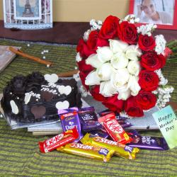 Mothers Day Gifts to Cochin - Roses Bouquet with Assorted Chocolate and Cake For Mom