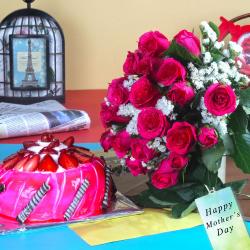 Mothers Day Gifts to Kolkata - Mothers Day Gift Collection of Strawberry Cake and Pink Roses Bouquet