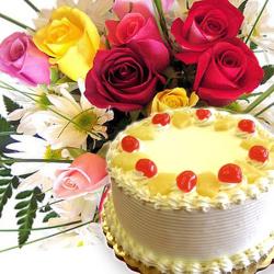 Bhai Dooj Return Gifts for Sister - Pineapple Cake With Rose and Gerberas Bouquet