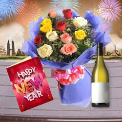 12 Mix Roses Bouquet with Wine and New Year Card