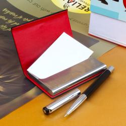 Black and Red Steel Business Card Holder with Pen Gift Set