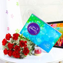 Holi Gifts - Red Carnations with Celebration Chocolate and Holi color for You