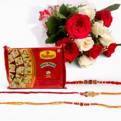 Rakhi with Cookies - Bouquet of 10 White and Red Roses with Soan Papdi  and Set of 3 Rakhi