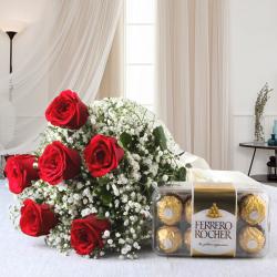 Valentine Gifts for Boyfriend - Valentine Exclusive Hamper of Red Roses with Ferrero Rocher Chocolate