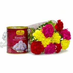 Mix Flower Hampers - 1 Kg Mouthwatering Rasgulla with 10 Mix Carnations