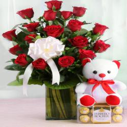 Anniversary Gifts for Family Members - Ferrero Rocher Chocolate and Vase Arrangement of Red Roses with Teddy Bear