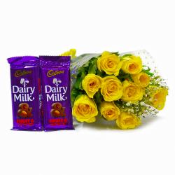 Birthday Gifts for Father - Bunch of Ten Friendly Yellow Roses with Bars of Cadbury Fruit N Nut Chocolates