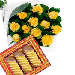 Flowers with Sweets - Yellow Roses Bouquet and Kaju Katli