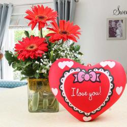 Heart Shaped Soft Toys - Vase of Red Gerberas with Heart Shape Small Cushion