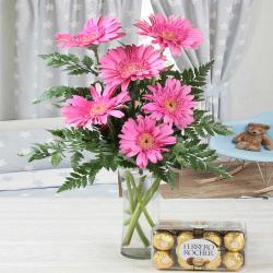 Anniversary Gifts for Sister - Vase of Pink Gerberas with Ferrero Rocher Chocolates