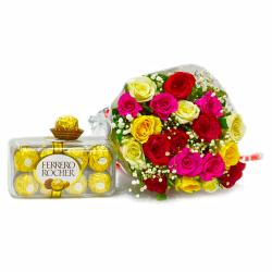 Flower Hampers for Her - Bouquet of 20 Mix Roses with 200 Gms Fererro Rocher Chocolate Box