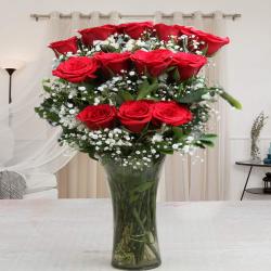 Valentine Flowers - Glass Vase of One Dozen Red Roses For Valentines Gift