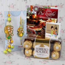 Rakhi Gifts for Brother - Stylish Embroidery Bhaiya Bhabhi Rakhi with Ferrero Rocher Chocolate and Card