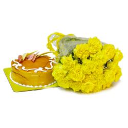 Flowers with Cake - Beautiful Yellow Carnations with Butterscotch Cake