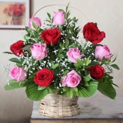 Basket Arrangement - Twelve Red and Pink in a Basket