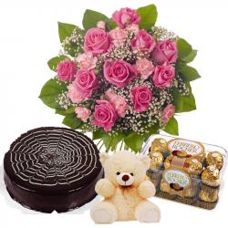 Valentine Flowers with Chocolates - Pink Valentine Flame Hamper including Chocolate Cake with Teddy and Ferrero Rocher Chocolates Box