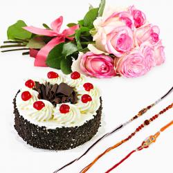 Rakhi Family Set - Black Forest Cake with Pink Roses and Three Rakhi