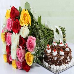 Indian Sarees - Colorful Roses Bouquet with Black forest Cake