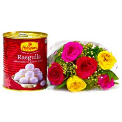 Mix Flower Hampers - Bouquet of Six Mix Roses with Mouthwatering Rasgullas