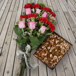Flowers with Wine - Assorted Dry Fruits with Roses and Carnation Bouquet