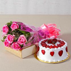 1st Anniversary Gifts - Six Pink Roses Bouquet with Round Strawberry Cake