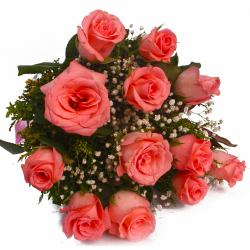Good Luck Flowers - Cellophane Wrapped Bunch of Dozen Pink Roses