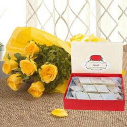 Assorted Flowers - Six Yellow Roses Bouquet with Kaju Katli