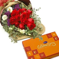 Friendship Day Gift Hampers - Red Roses Bouquet and Celebration Pack