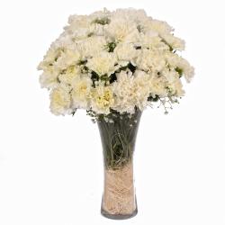 Condolence Flowers - Glass Vase Containing 25 White Color Carnations