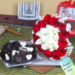 Mothers Day Gifts to Noida - Twin Color Roses Bouquet with Heartshape Chocolate Cake