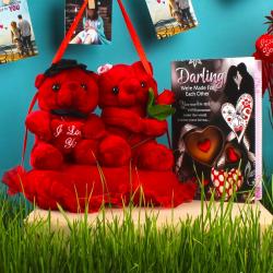 Send Valentines Day Gift Love Greeting with Hanging Couple Heart Teddy To Hyderabad