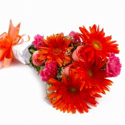 Best Wishes Gifts - Bunch of Orange Gerberas and Pink Roses with Pink Carnations