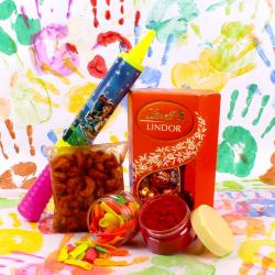 Holi Gift Hampers - Holi herbal color pichkari hamper of Lindt Lindor with Masala cashew and Balloons