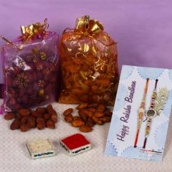 Rakhi With Dry Fruits - Honey Almonds and Pizza Flavor Almonds Rakhi Gift