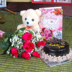 Birthday Gift Hampers - Roses and Chocolate Cake Hamper Including Teddy Bear with Birthday Greeting Card