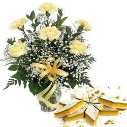Flowers with Sweets - Enticing Vase Arrangement with Kaju Katli