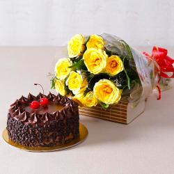 Easter - Ten Yellow Roses with Choco Chips Chocolate Cake