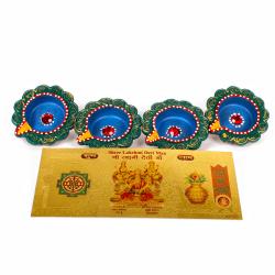 Birthday Home Decor - Earthen Diyas with Gold Plated Lakshmi Note