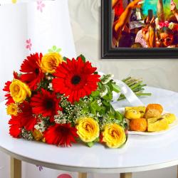 Holi Express Gifts Delivery - Mix Flowers Bouquet and Assorted Sweets