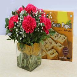 Anniversary Gifts for Son - Vase of Pink Carnations with Soan Papdi